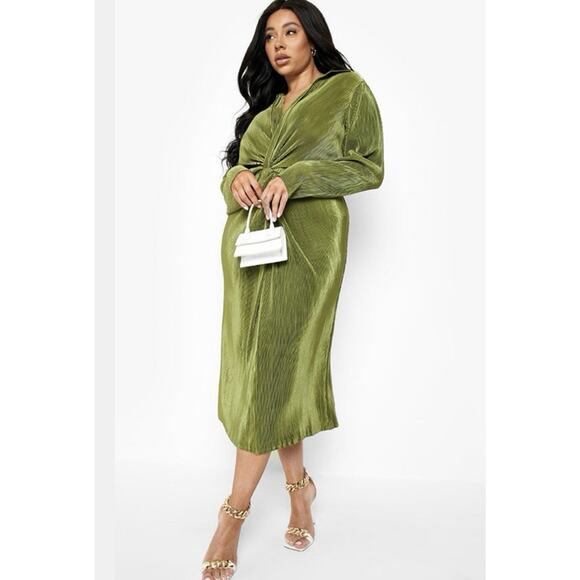 Boohoo Green 14 Pleated Twist Front Stretch Midi Dress Dolman Sleeve Look Party - Picture 10 of 10